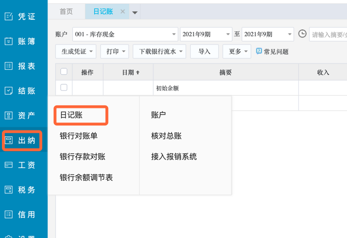 云会计出纳日记账选项